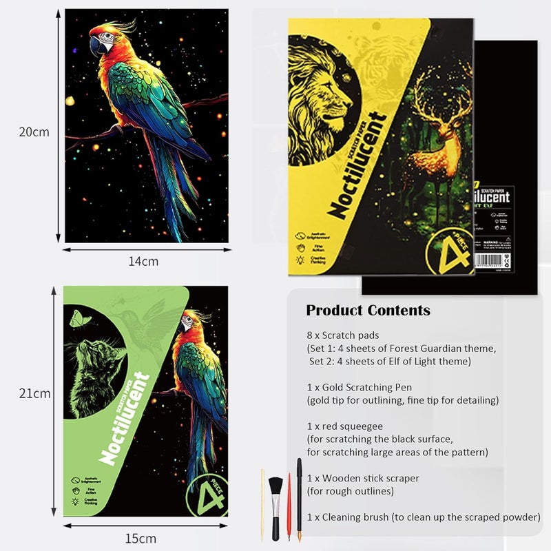 BulChign Scratchboard Art for Adult Luminous Scratch Painting Kits, A5 Scratch Art Rainbow Painting Paper 8 Sheet with 4 Tools, Scratchboard for Teens & Adults, Fun Creative Craft Toy/Gifts/Decor, Animals - Image 2
